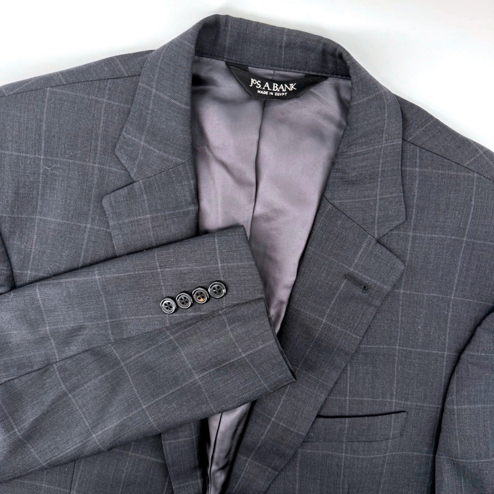 Jos A Bank Blazer Windowpane 40L Charcoal Grey Signature Tailored Fit Wool Plaid